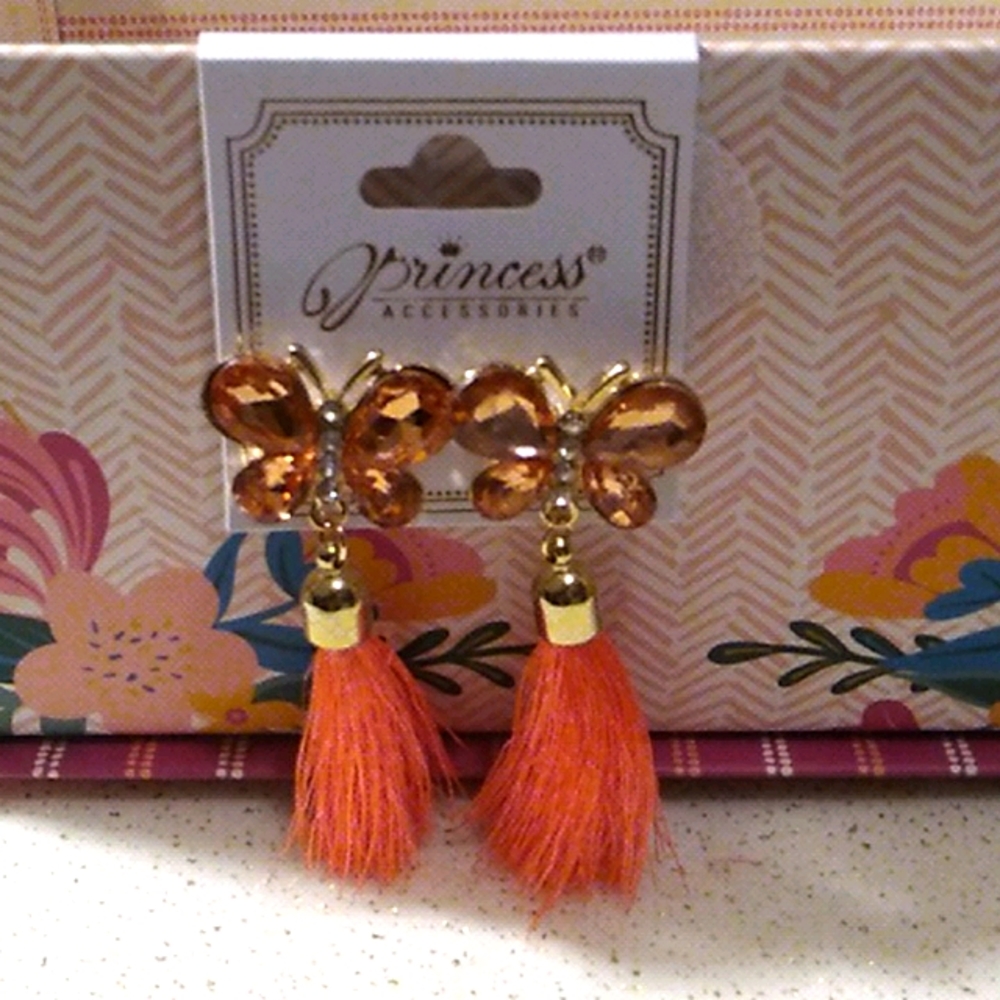 Coral Butterfly Crystal Tassel Earrings🎉